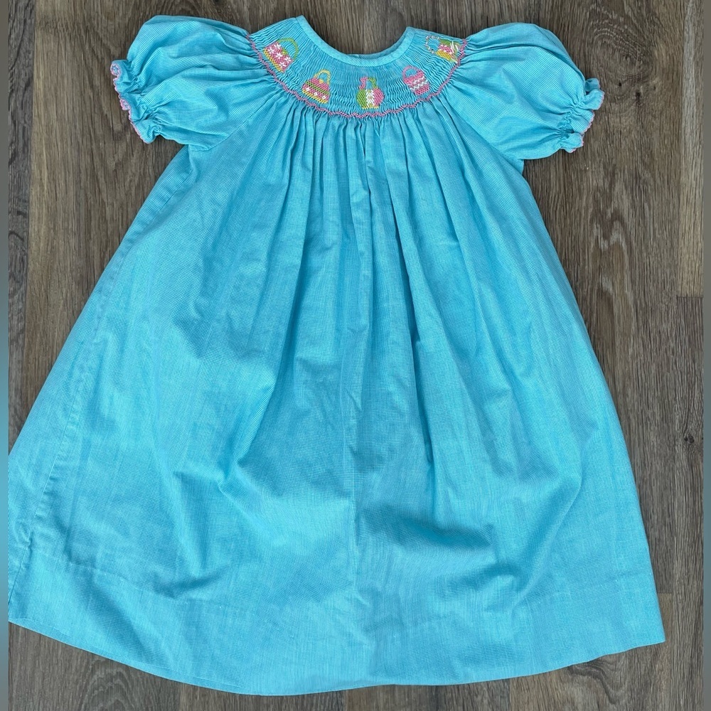 Amanda Remembered Smocked Dress Girls Size 4 Teal Purse Embroidery